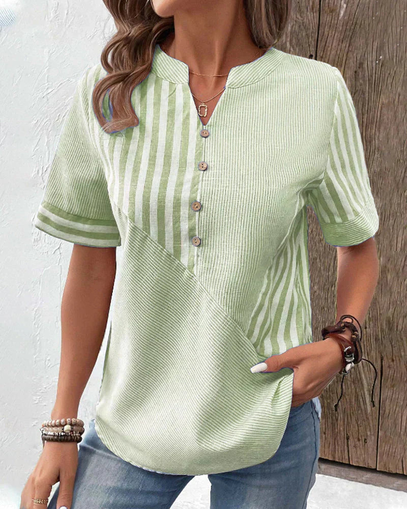 Jenny-Linen-Cotton Striped Summer Button Top