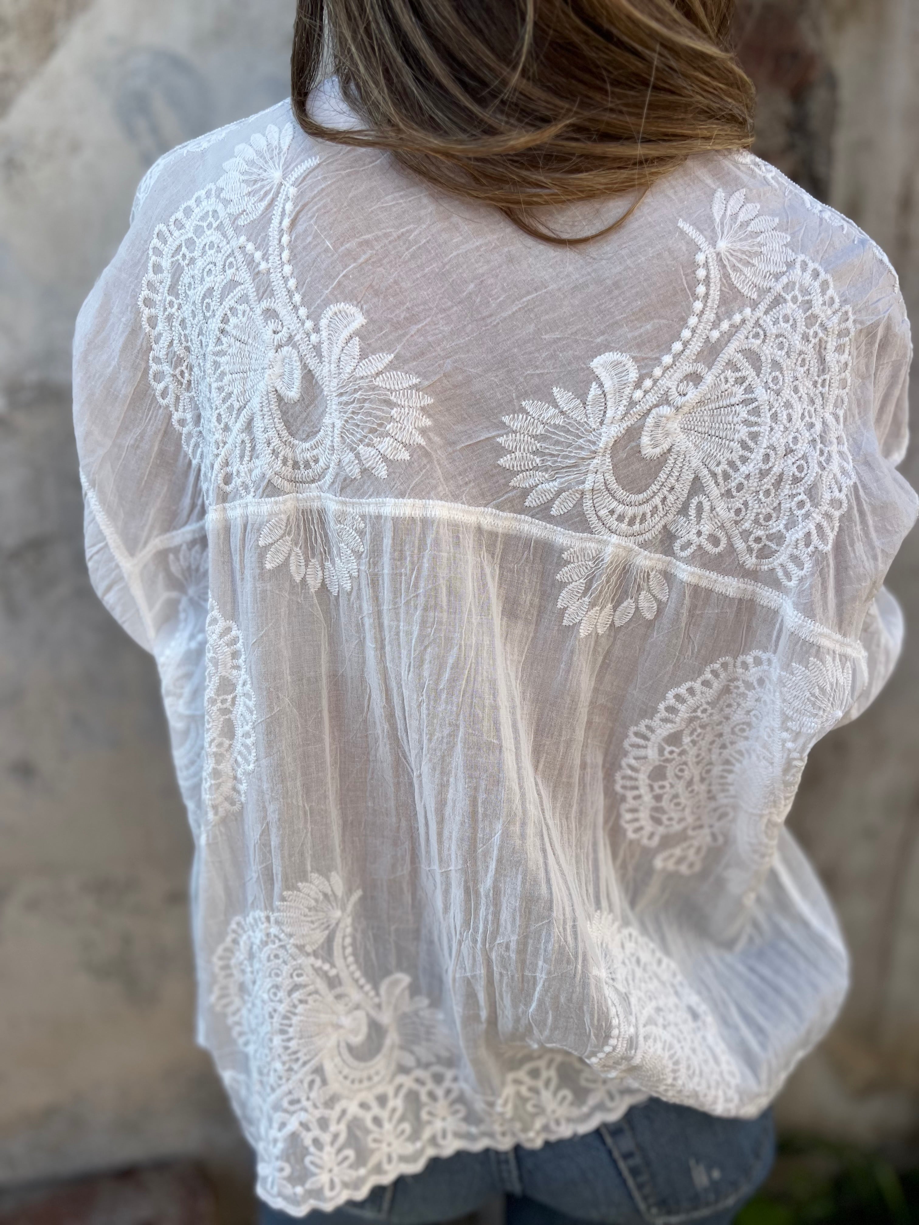 Elodie-Embroidered Button-Up Blouse