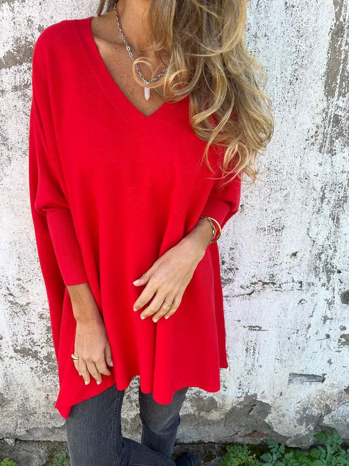 Cherry - Oversized V-Neck Knit Pullover