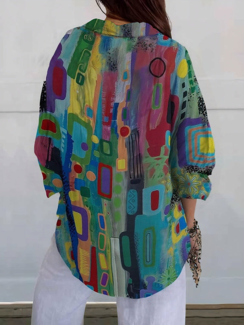 Ava-Abstract Art Button-Up Blouse