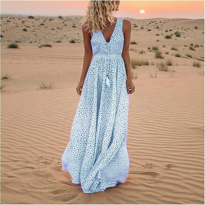 Noa - Bohemian Elegance V-Neck Polka Dot Maxi Dress