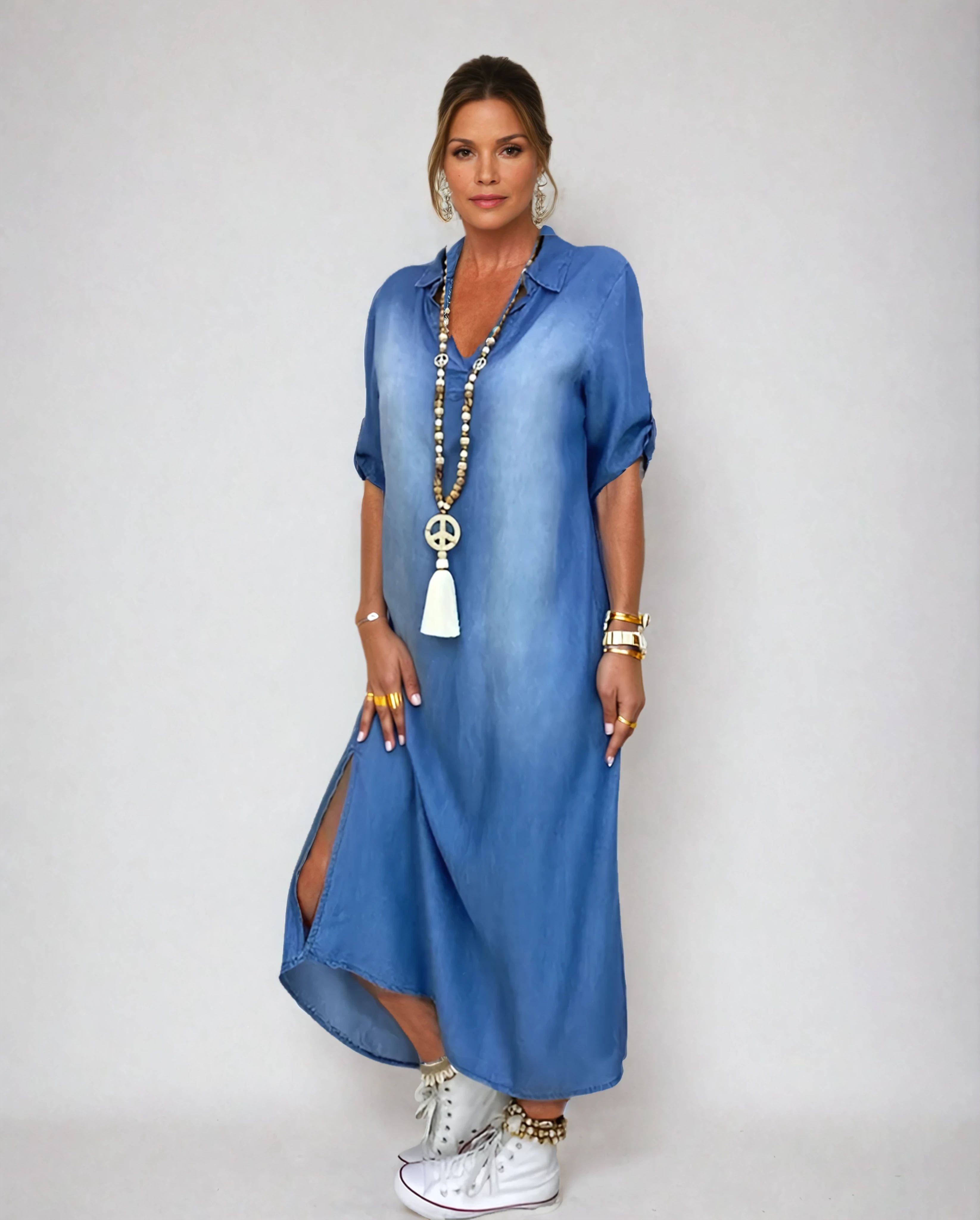 Lea™ | Long Denim Look Dress with Side Slit