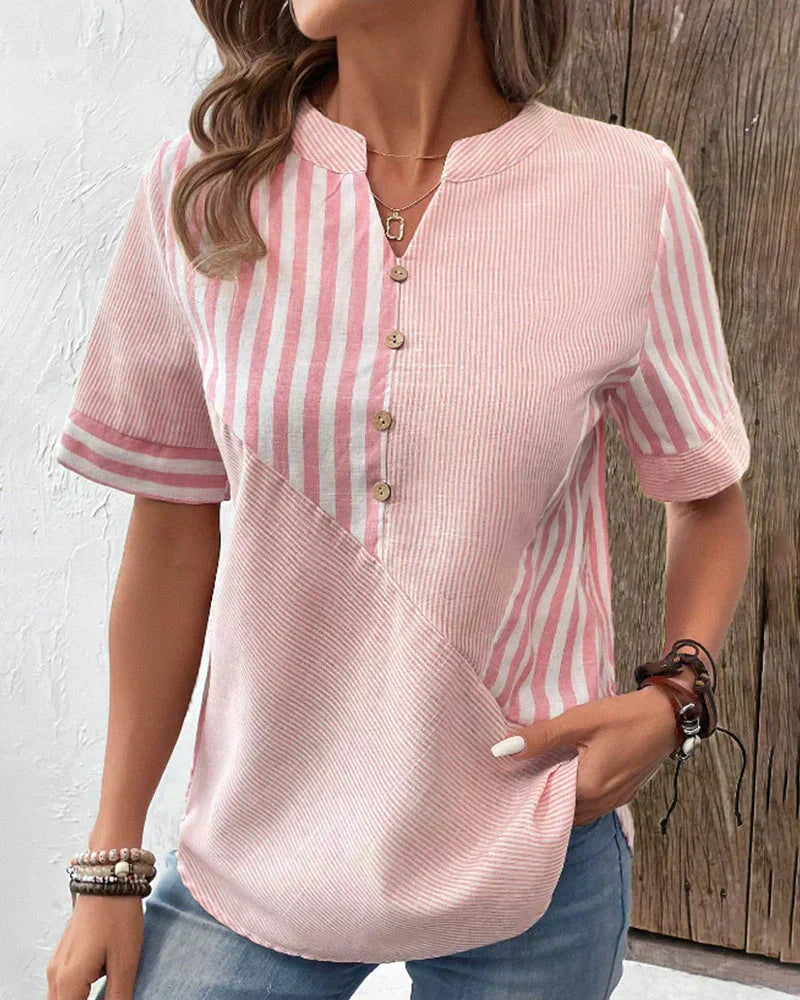 Jenny-Linen-Cotton Striped Summer Button Top