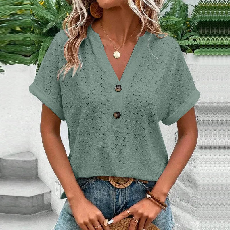 Erza - Eyelet Button V-Neck Top