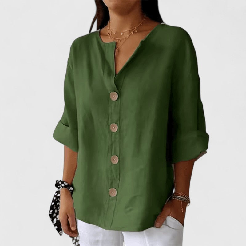 Elena-Linen-Blend Button Blouse