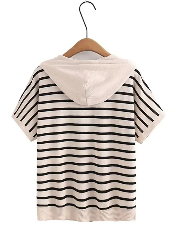 Lina-Plus Size Soft Knit Striped Hoodie Tee