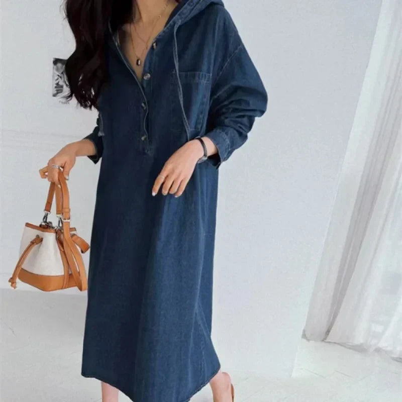 Nora Haven – Long Sleeve Denim Hoodie Dress