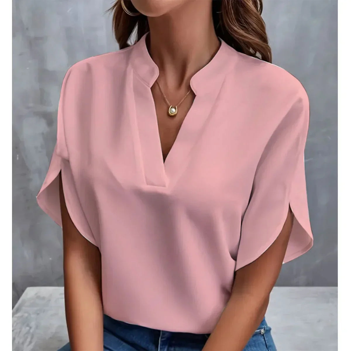 Fenry - Notch Neck Flutter Sleeve Blouse