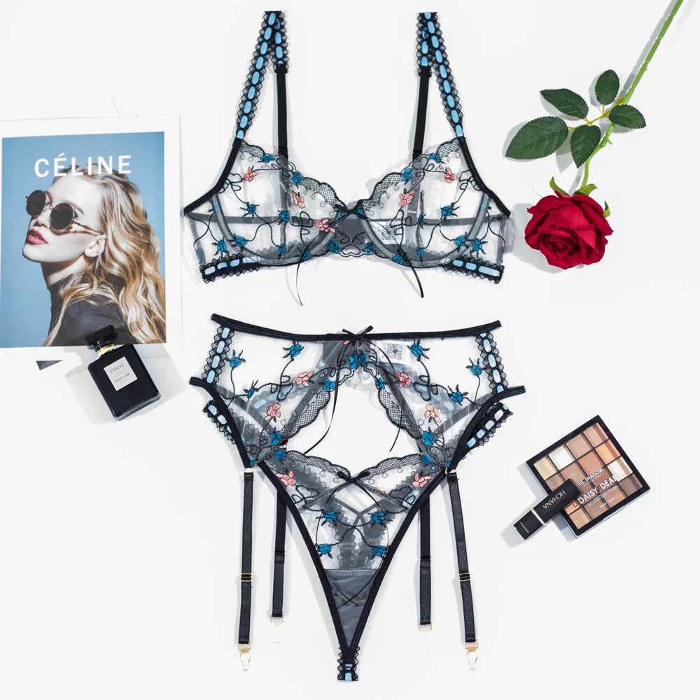 Ursula - Floral Lace Embroidery 3-Piece Lingerie Set