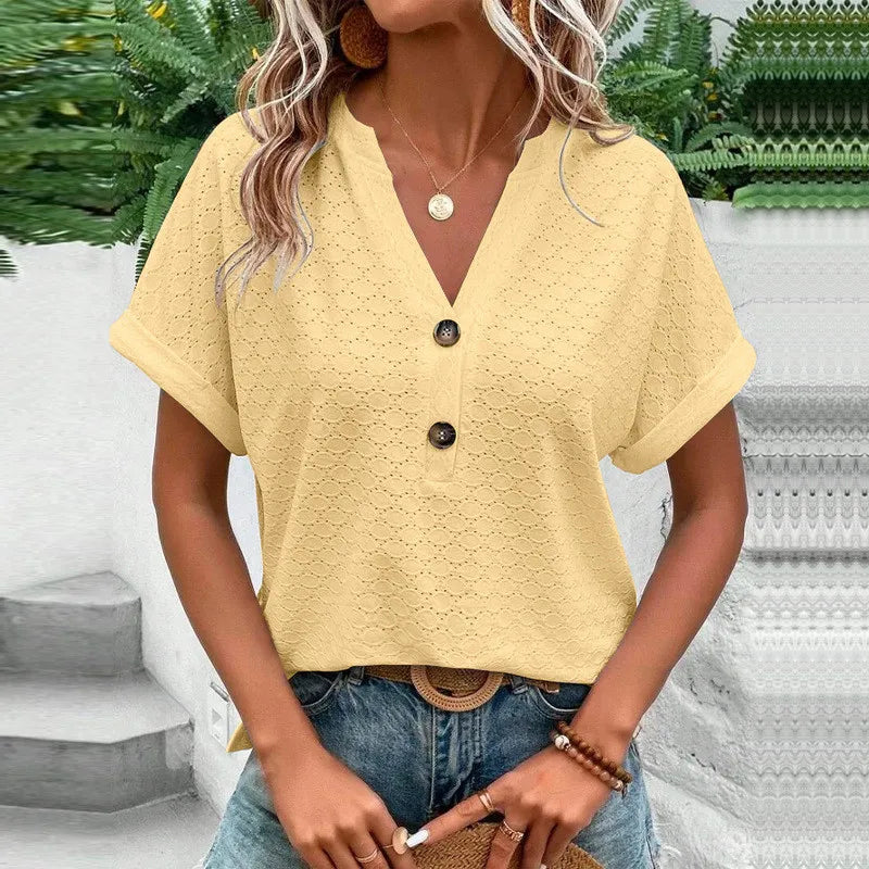 Erza - Eyelet Button V-Neck Top