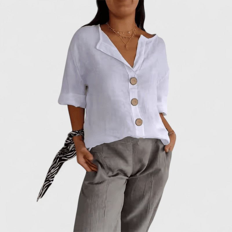 Elena-Linen-Blend Button Blouse
