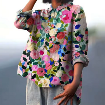 Caroline - Cotton Linen Floral Blouse