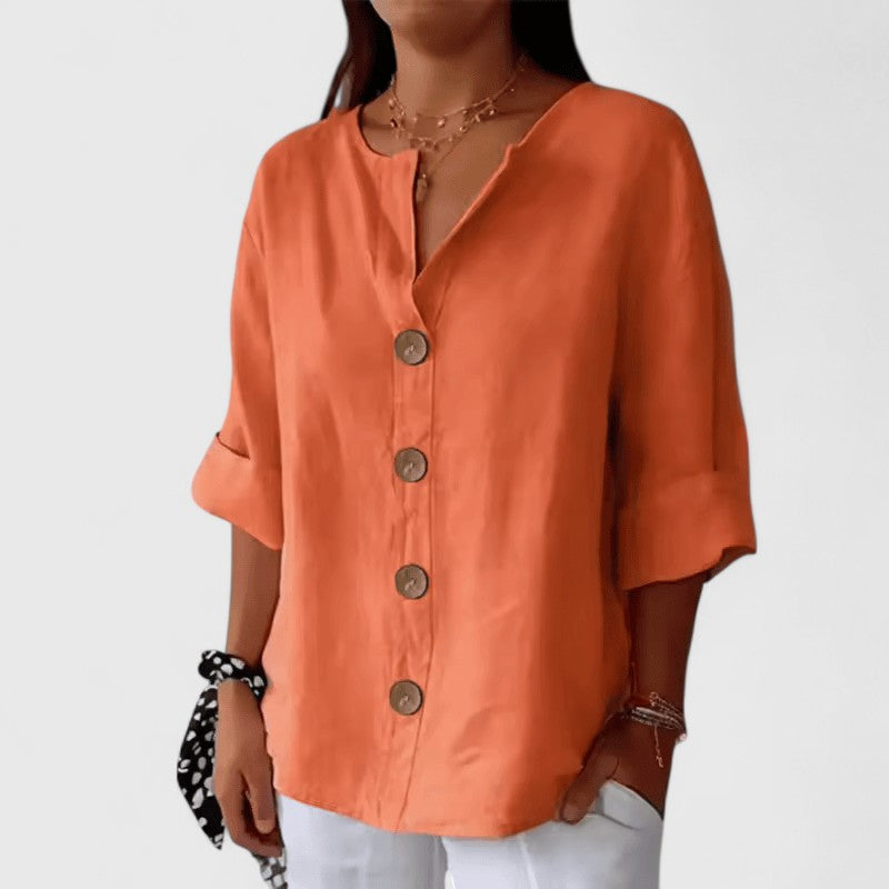 Elena-Linen-Blend Button Blouse