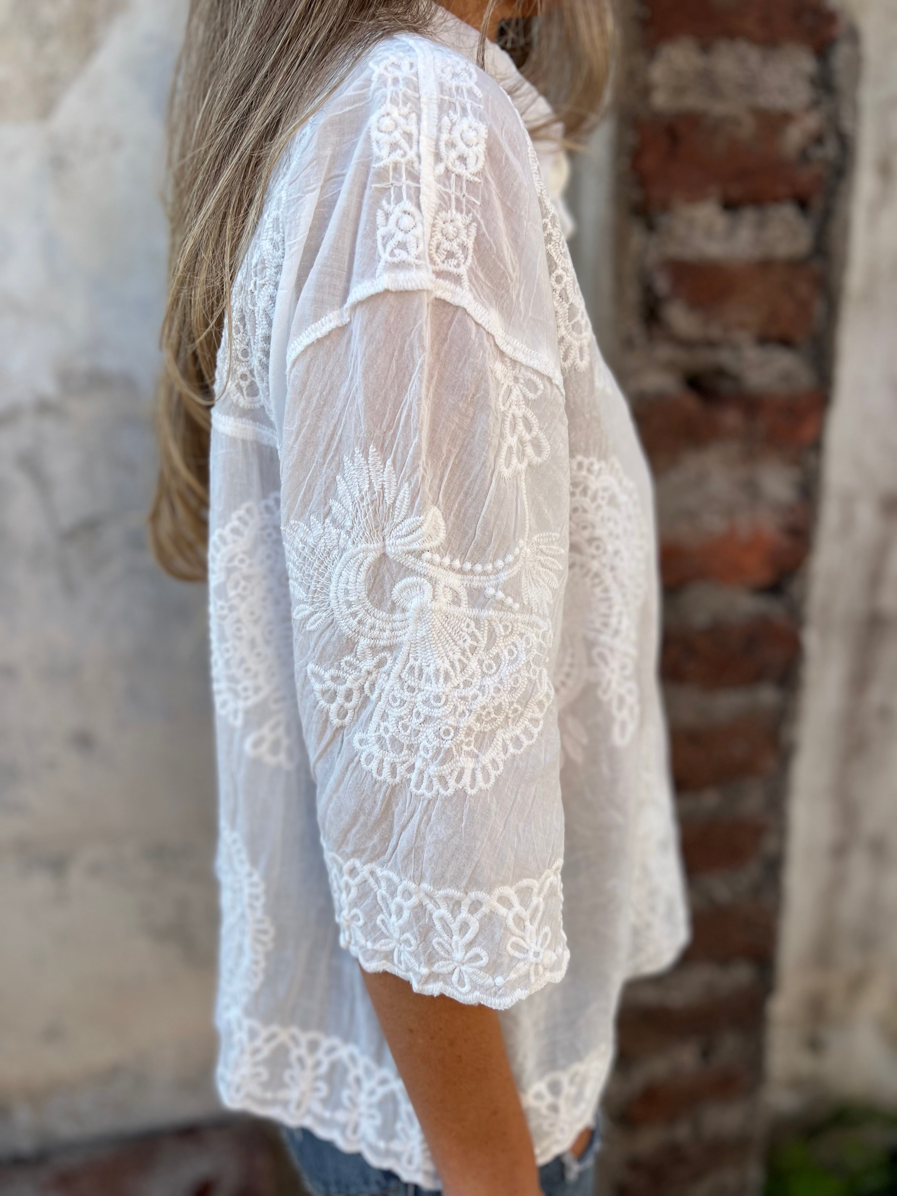 Elodie-Embroidered Button-Up Blouse