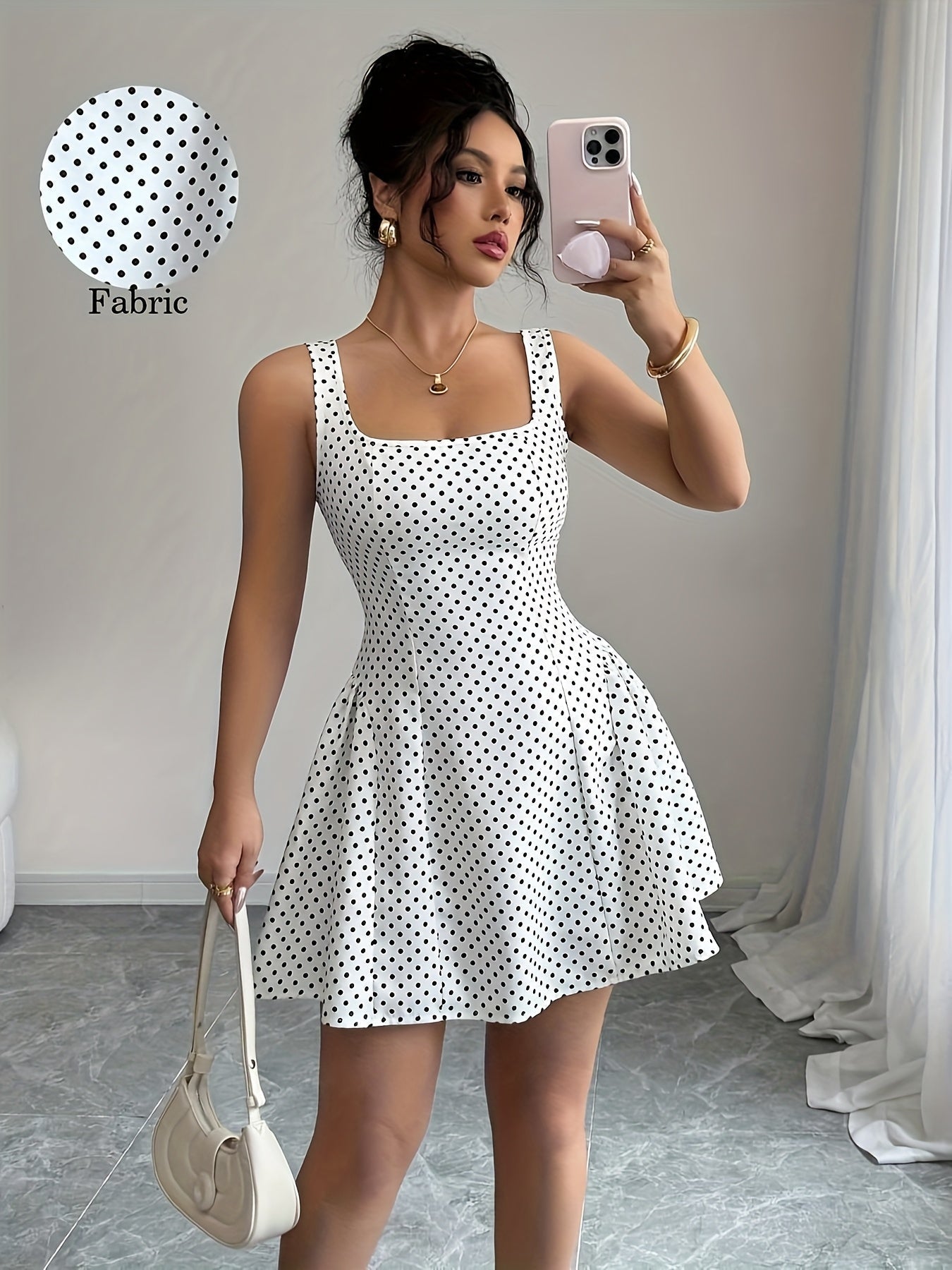Elegant Short Dress with Polka Dots And a Square Neckline.
