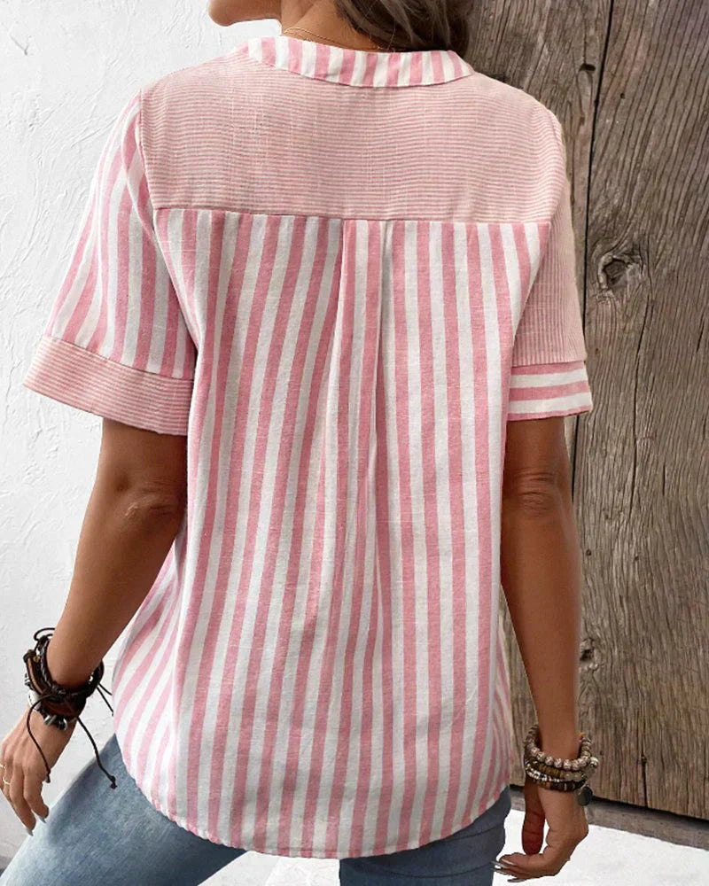 Jenny-Linen-Cotton Striped Summer Button Top