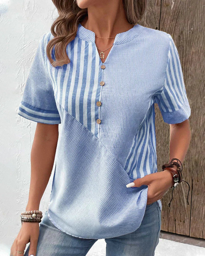 Jenny-Linen-Cotton Striped Summer Button Top
