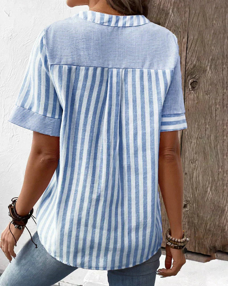 Jenny-Linen-Cotton Striped Summer Button Top
