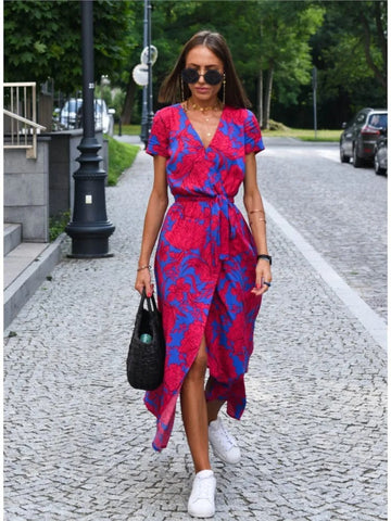 Vada - Sunset Stroll V-Neck Slit Print Dress