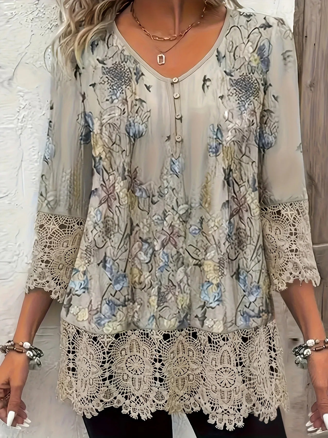 Marisse-Floral Lace Trim Blouse
