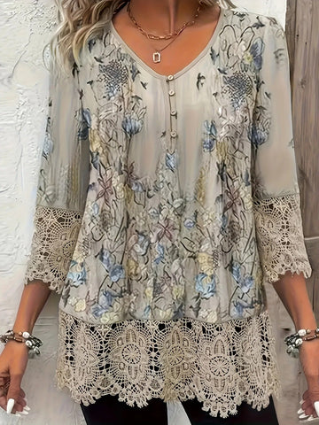 Marisse-Floral Lace Trim Blouse