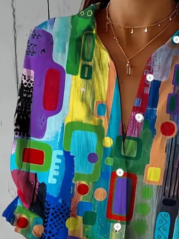 Ava-Abstract Art Button-Up Blouse