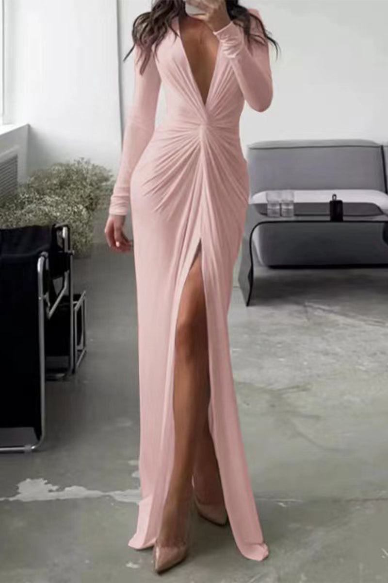 Kalani - V-Neck Long Sleeve One-Leg Open Stylish Pleated Dress