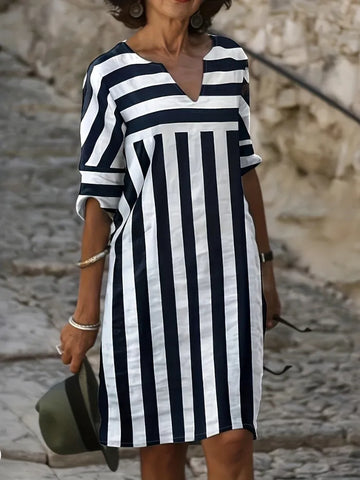Faith - Casual Striped Dress With Notched Neckline