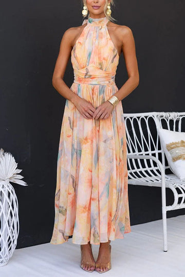 Halter Neck Open Back Waisted Watercolor Print Maxi Dress
