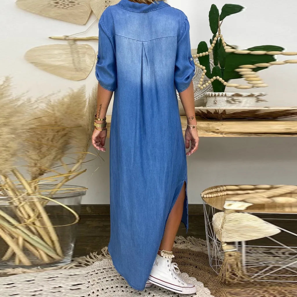 Lea™ | Long Denim Look Dress with Side Slit