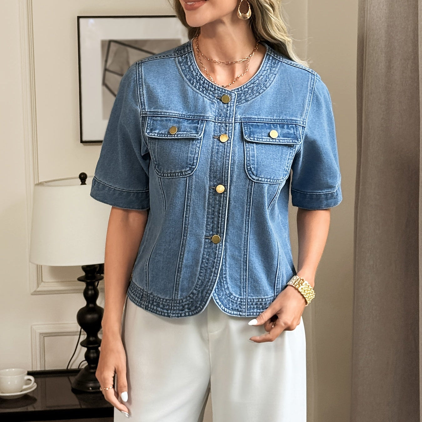 Daphne – Gold Snap Collarless Jacket