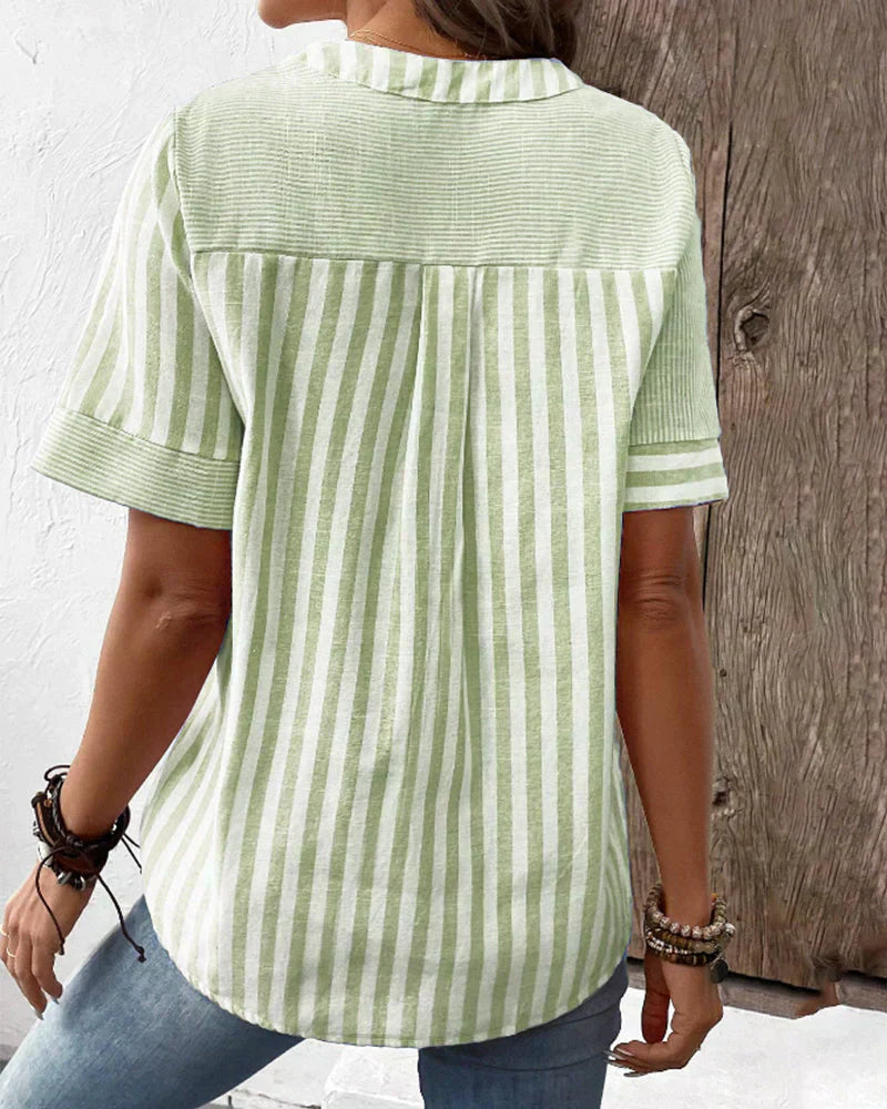 Jenny-Linen-Cotton Striped Summer Button Top