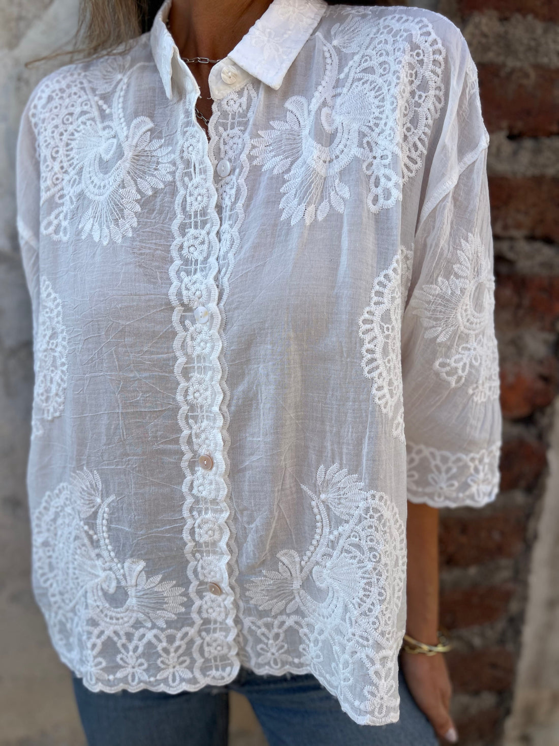 Elodie-Embroidered Button-Up Blouse