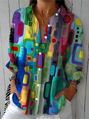 Ava-Abstract Art Button-Up Blouse