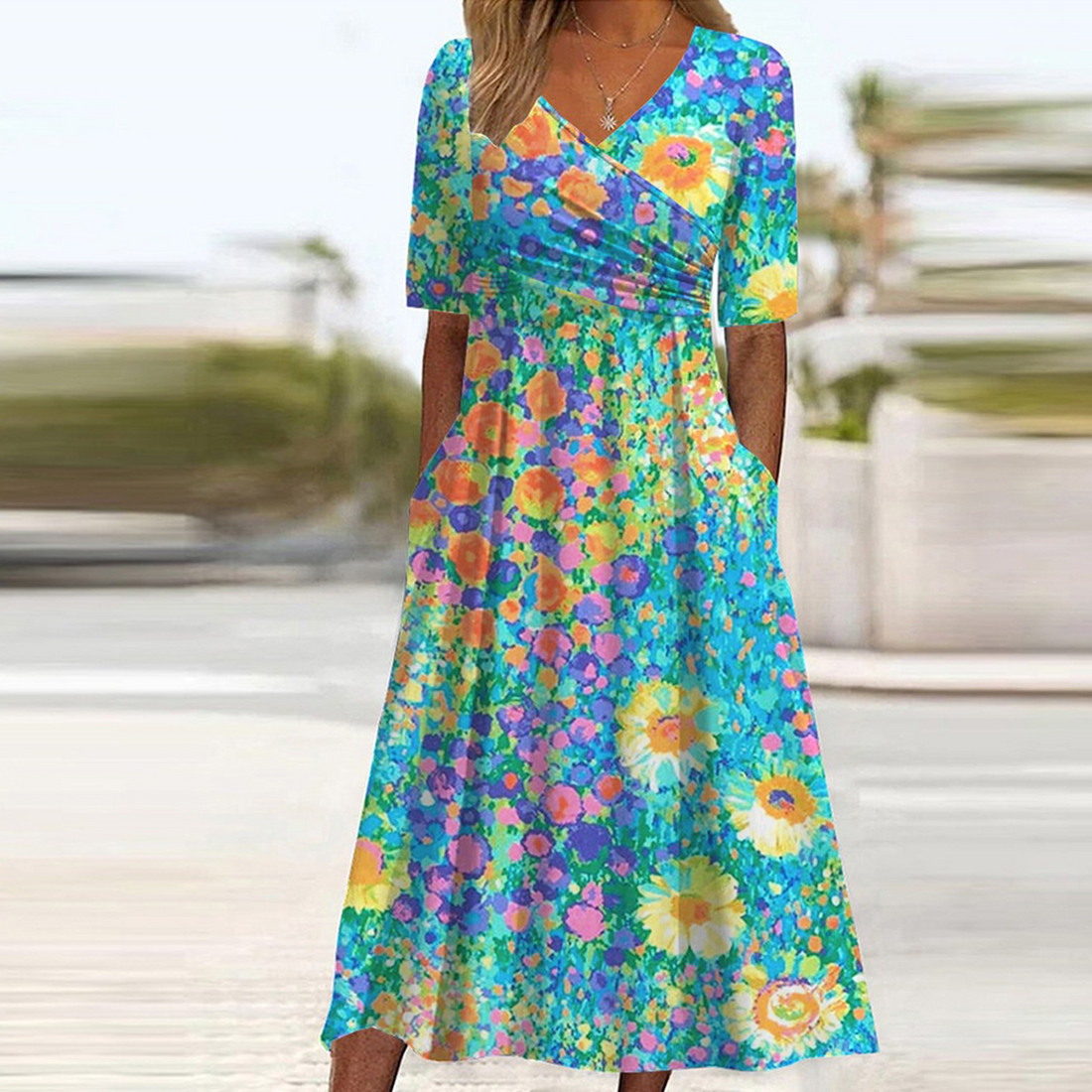 Freesia - Short Sleeve Floral Midi Dress