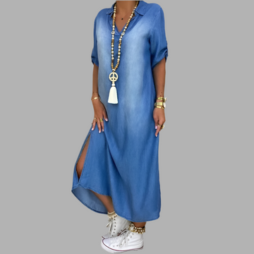 Lea™ | Long Denim Look Dress with Side Slit