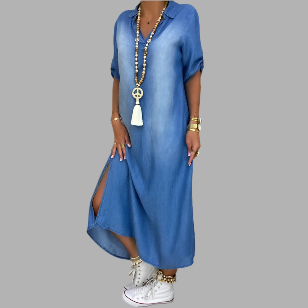 Lea™ | Long Denim Look Dress with Side Slit