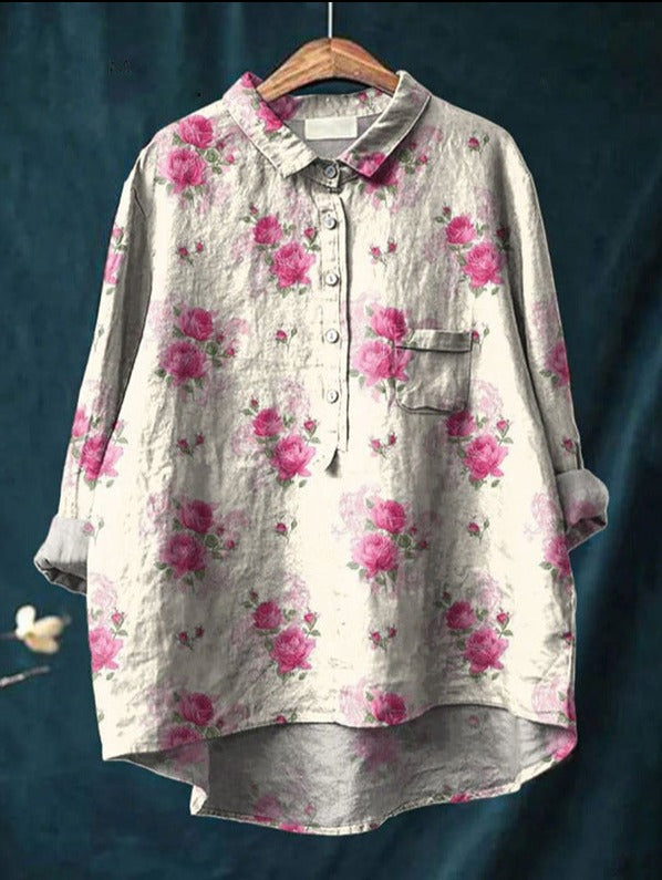 Caroline - Cotton Linen Floral Blouse