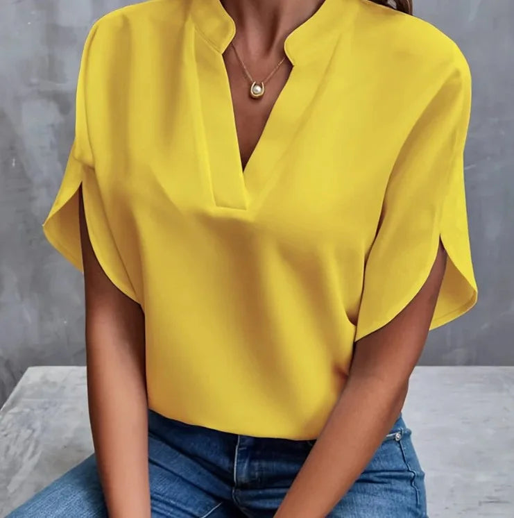 Fenry - Notch Neck Flutter Sleeve Blouse