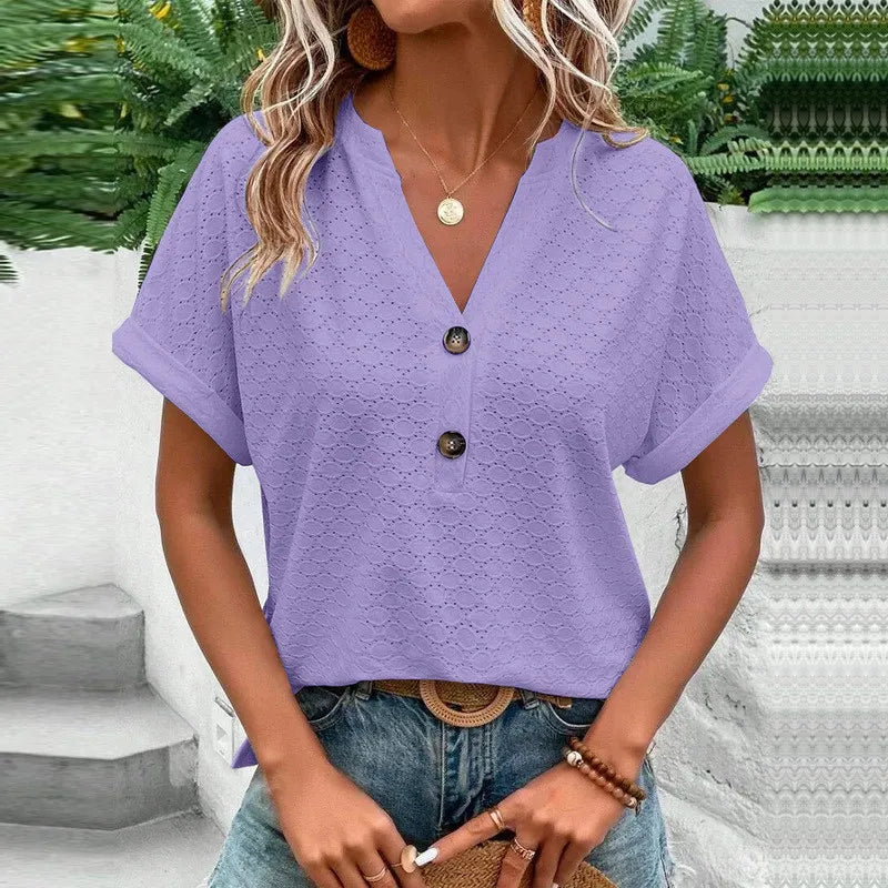 Erza - Eyelet Button V-Neck Top