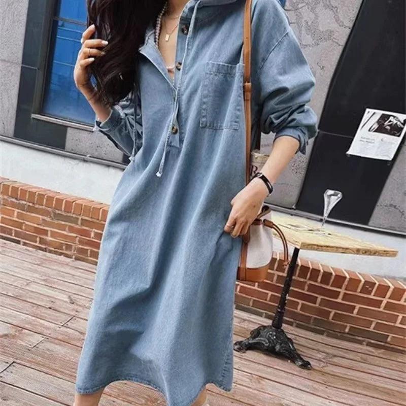 Nora Haven – Long Sleeve Denim Hoodie Dress