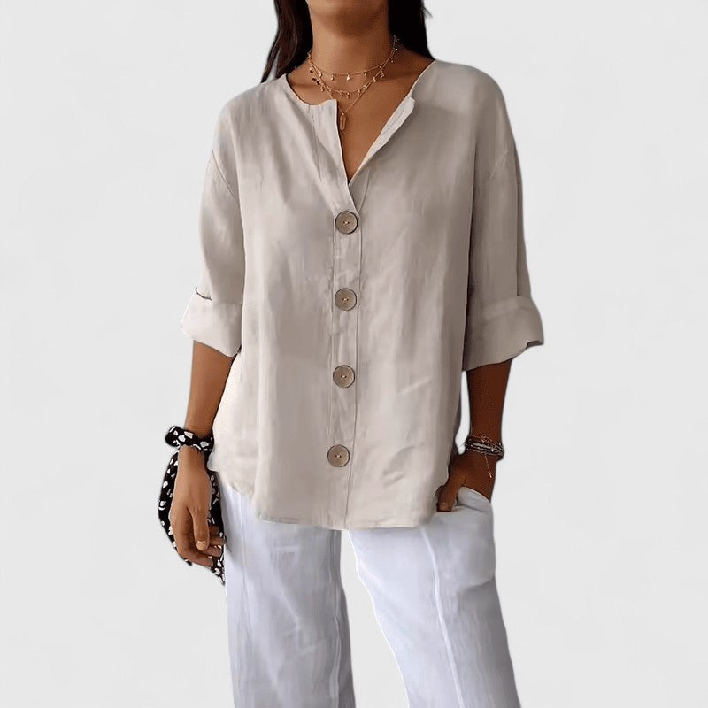 Elena-Linen-Blend Button Blouse