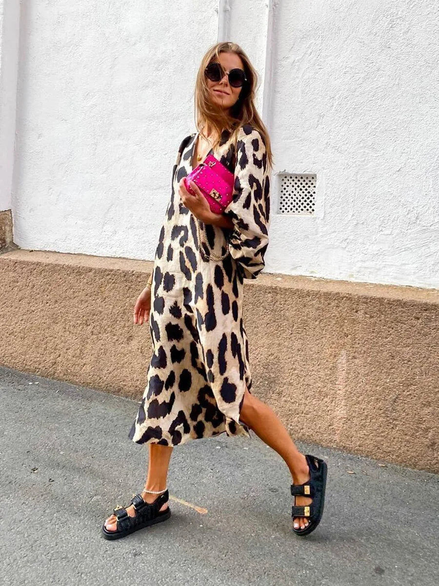 Zarina | Leopard Print V-Neck Maxi Dress