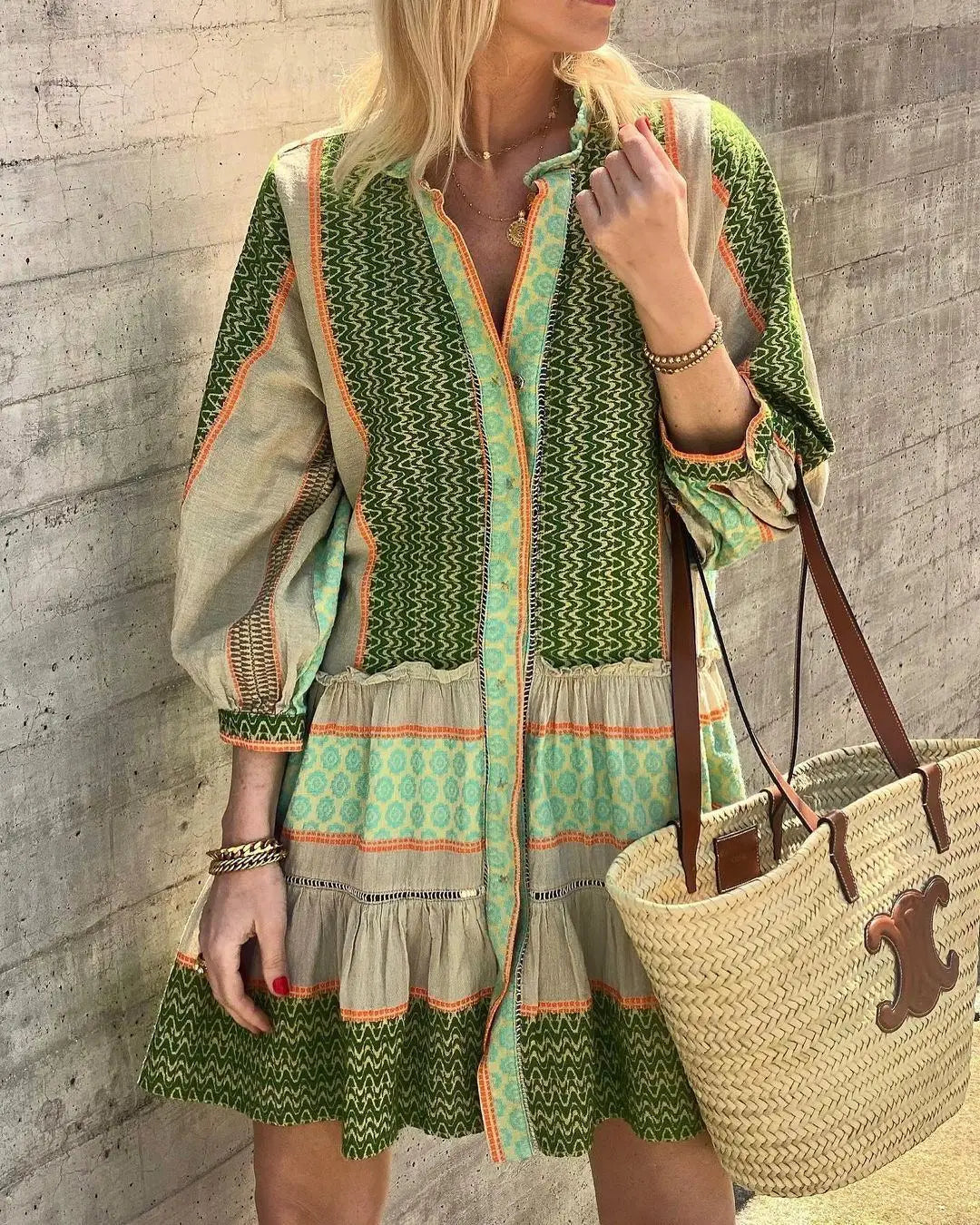 Selene | Cotton Linen Green Print Dress