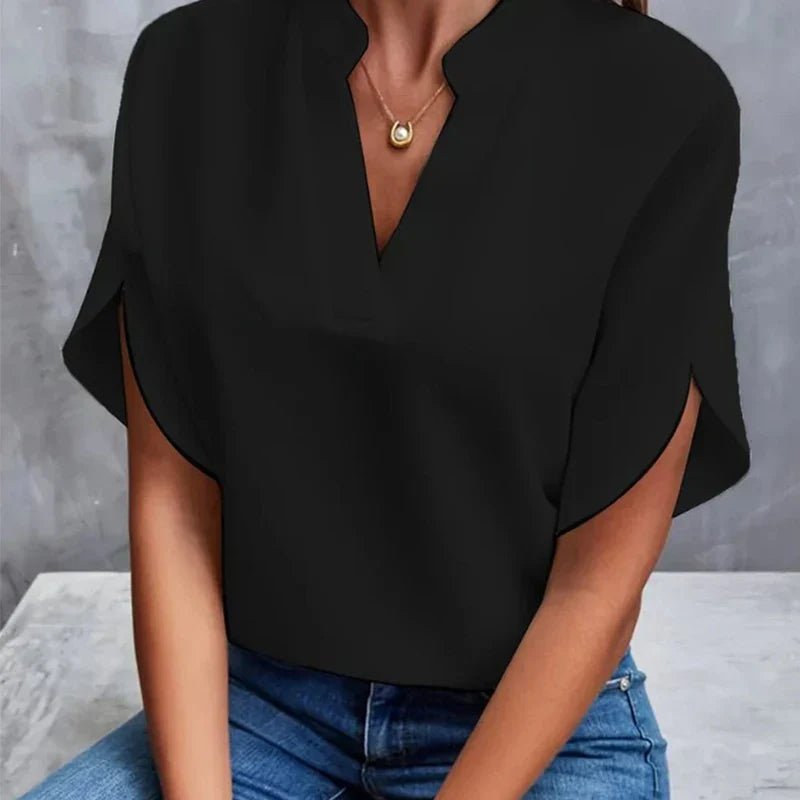 Fenry - Notch Neck Flutter Sleeve Blouse