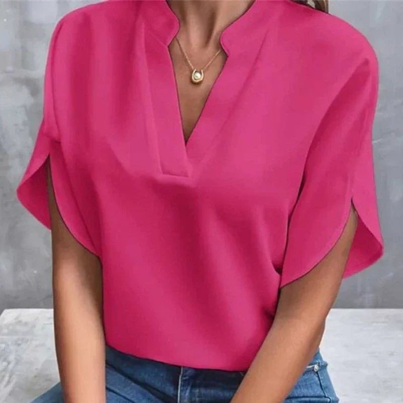 Fenry - Notch Neck Flutter Sleeve Blouse