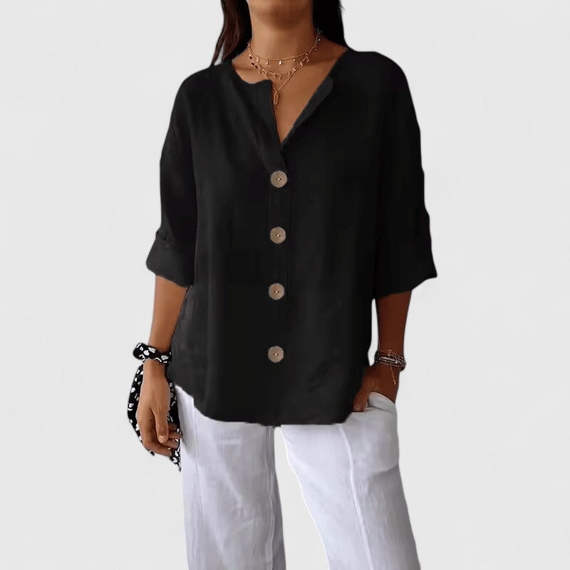 Elena-Linen-Blend Button Blouse