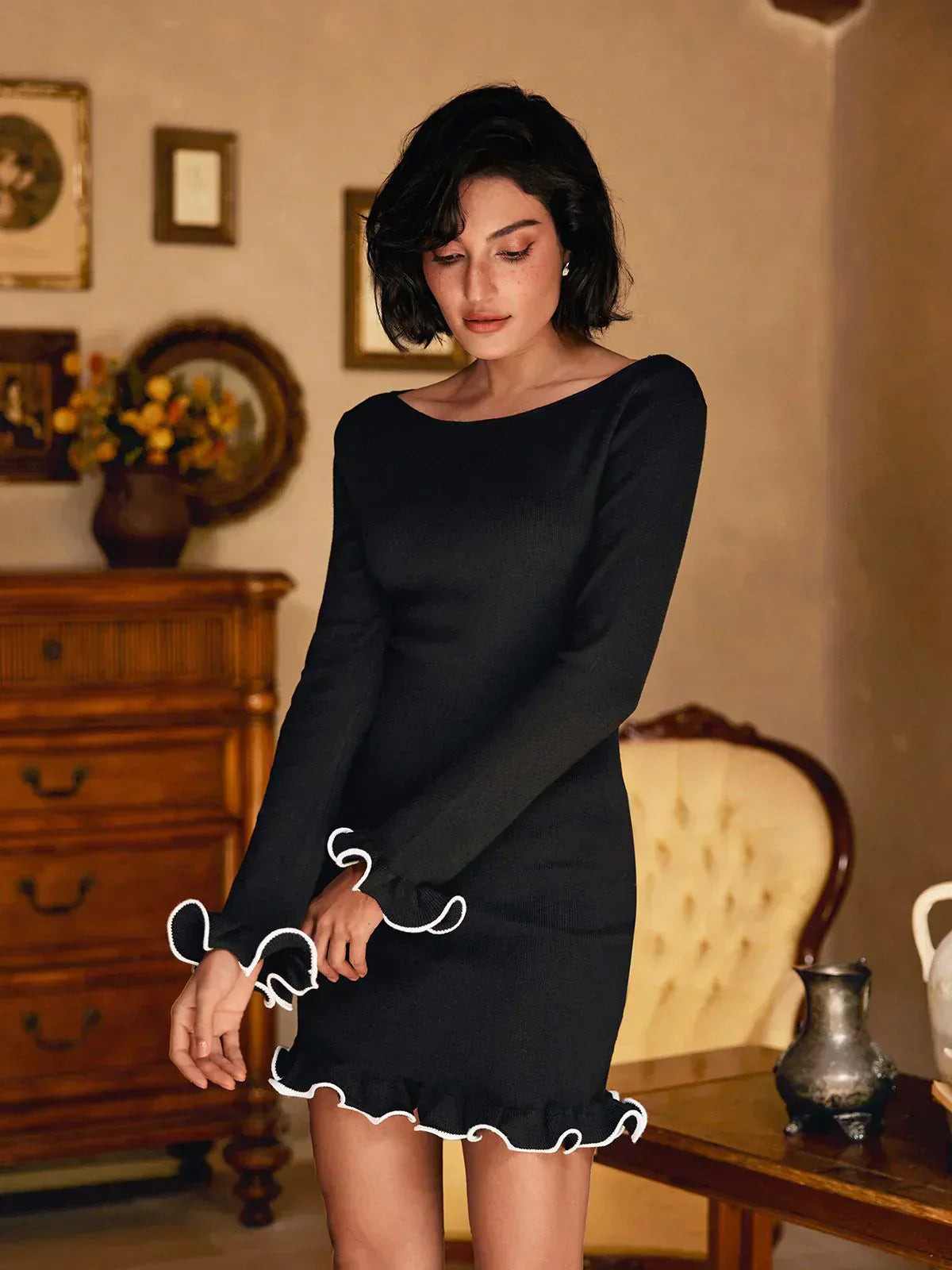 Sophia | Long Sleeve Ruffle Knit Mini Dress