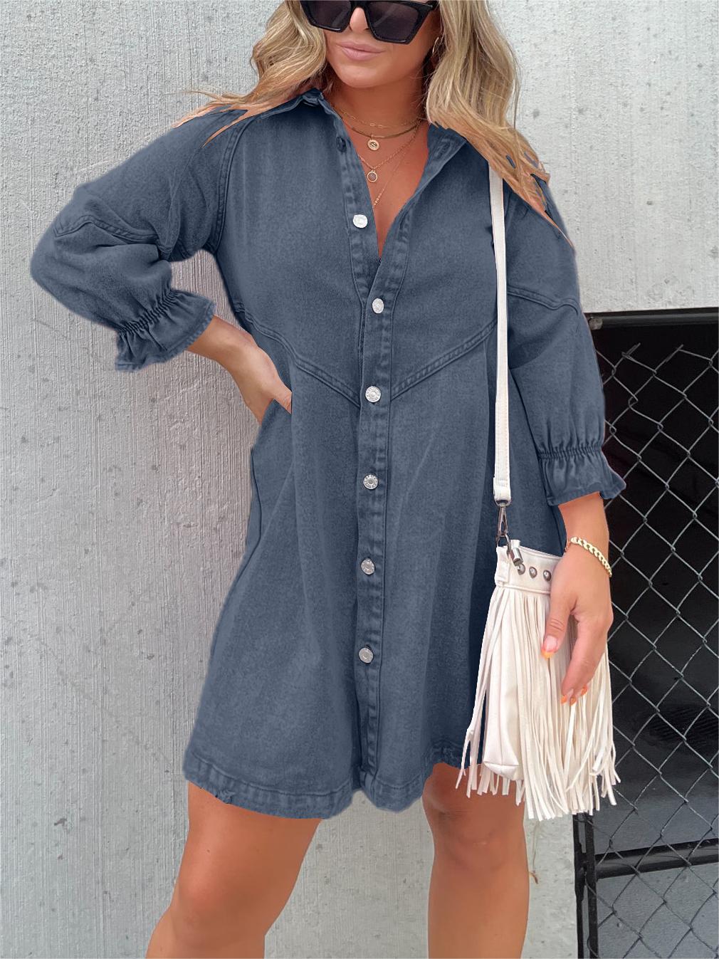Galilea - Chic Turn-Down Collar Denim Midi Dress